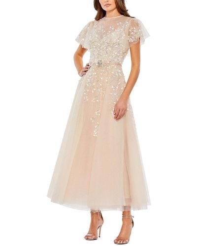 Mac Duggal Embellished Flutter Sleeve Bow Waist A-line Dress - Natural