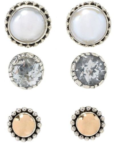 Samuel B. 18k & Silver 1.20 Ct. Tw. White Topaz 7mm Pearl Set Of 3 Earrings - Metallic