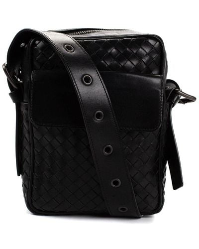 Bottega Veneta Intrecciato Leather Grommet Strap Crossbody Bag (Authentic Pre-Owned) - Black