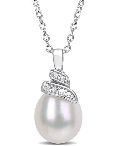 Rina Limor Silver 0.02 Ct. Tw. Diamond 6.5-7mm Pearl Swirl Necklace - White