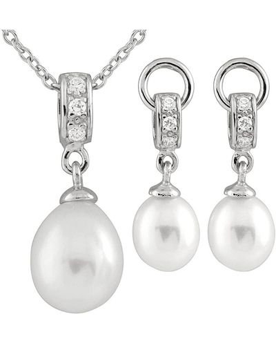 Splendid Rhodium Plated Silver 7-8mm Freshwater Pearl Drop Earrings & Necklace Set - White