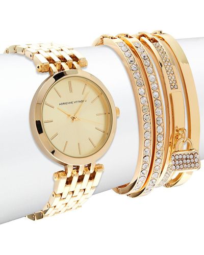 Adrienne Vittadini Watch & Crystal-studded Bracelet- Set Of 5 - Metallic