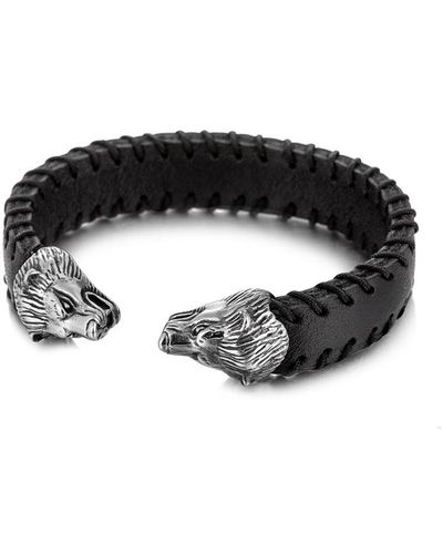Eye Candy LA Luxe Collection Wolf Stainless Steel Leather Cuff Bracelet - Black