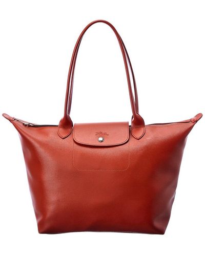 Longchamp Le Pliage Cuir Large Leather Long Handle Tote - Red