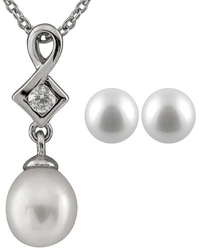 Splendid Silver 6.5-7mm Freshwater Pearl & Cz Earrings & Necklace Set Set - White