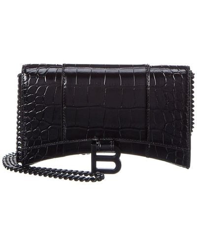 Balenciaga Hourglass Croc-embossed Leather Wallet On Chain - Black