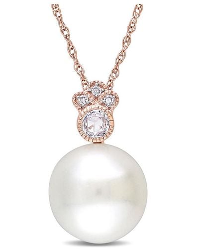 Rina Limor 10k Rose Gold 0.15 Ct. Tw. Diamond & White Sapphire 9.5-10mm Pearl Pendant Necklace
