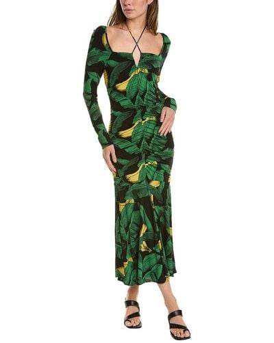 Ganni Printed Drapey Jersey Gathering Midi Dress - Green
