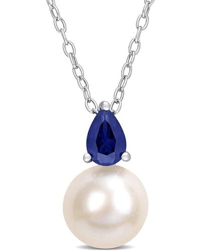 Rina Limor Silver 0.67 Ct. Tw. Blue Sapphire 8.5-9mm Pearl Pendant Necklace