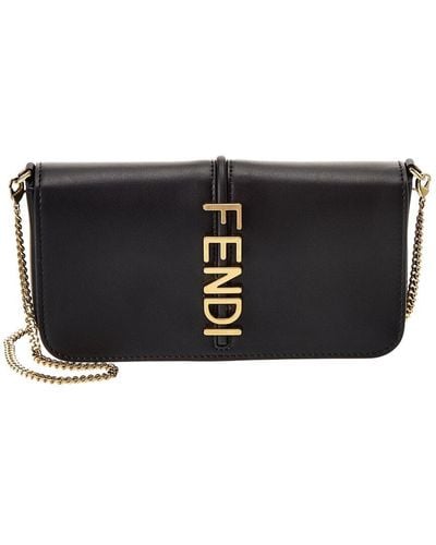 Fendi Graphy Leather Wallet On Chain - Black