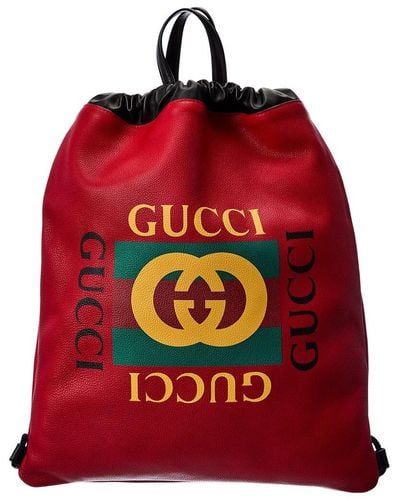 Gucci Drawstring Leather Backpack - Red