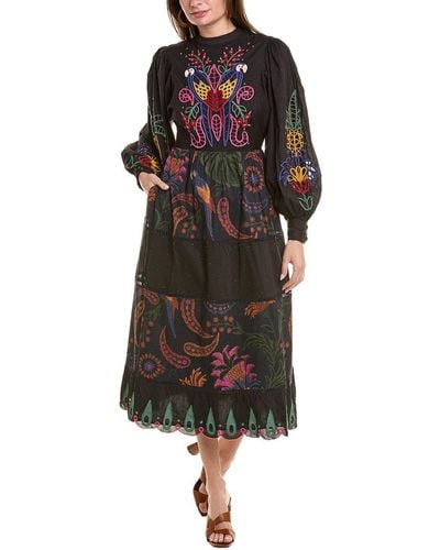 FARM Rio Tropical Tapestry Embroidered Midi Dress - Black
