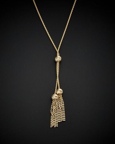 Italian Gold 14k Beaded Double Tassel Lariat Necklace - Black