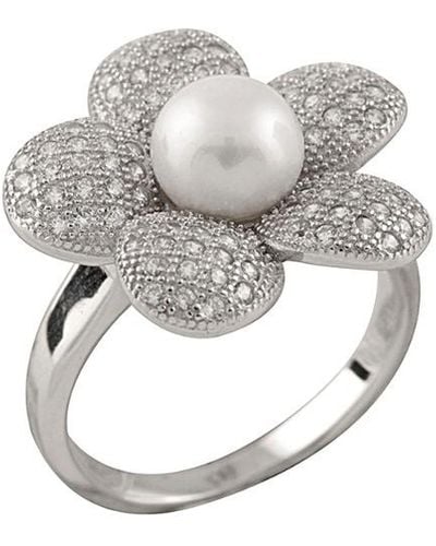 Splendid Rhodium Plated 5.5-6mm Freshwater Pearl Flower Ring - White