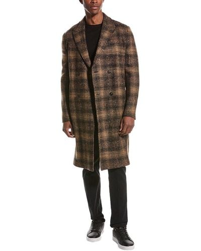 Billy Reid Plaid Leather-trim Wool-blend Officer's Coat - Brown