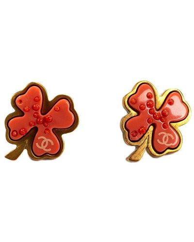 Chanel Cc Clover Metal Earrings - Red