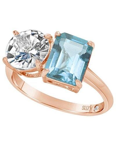 Suzy Levian Rose Gold Over Silver 5.00 Ct. Tw. Gemstone Toi Et Moi Ring - Blue