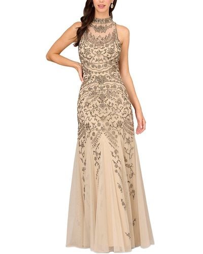 Aidan Mattox Mock Neck Embroidered Sleeveless Gown - Natural