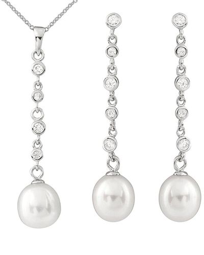 Splendid Silver 8-9mm Freshwater Pearl & Cz Necklace & Earrings Set - White