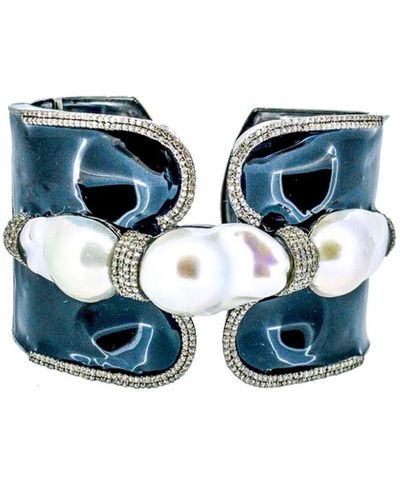 Arthur Marder Fine Jewelry 3.35 Ct. Tw. Diamond, 15-22 Mm Pearl, & Enamel Cuff - Blue