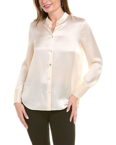 Vince Slim Fitted Band Collar Silk Blouse - Natural