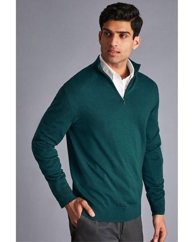 Charles Tyrwhitt Merino Wool Zip Neck Sweater - Green