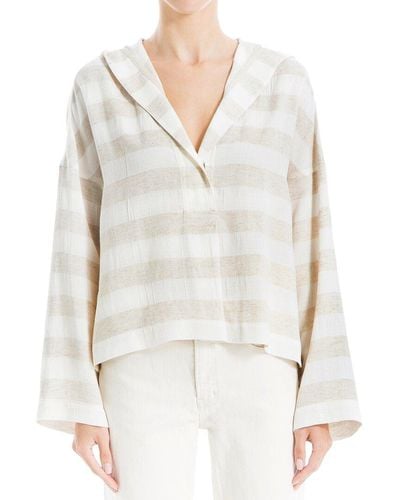 Max Studio Striped Linen-blend Hooded Shirt - White
