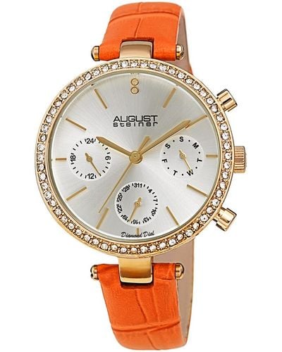 August Steiner Quartz Diamond Silver Dial Watch - Orange