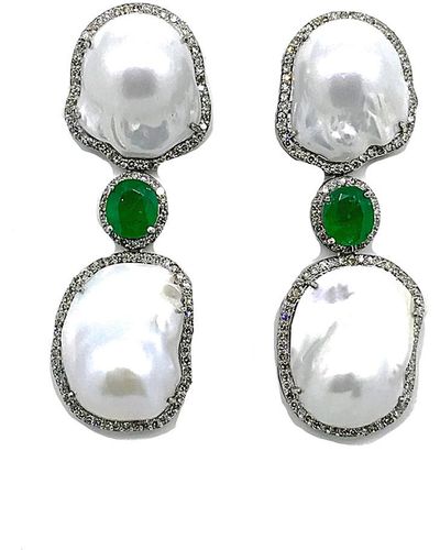 Arthur Marder Fine Jewelry 14k & Silver 7.80 Ct. Tw. Diamond, Emerald, & 18-20mm Pearl Earrings - Metallic