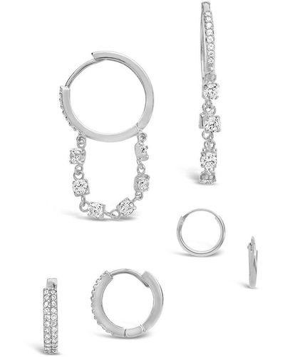 Sterling Forever Rhodium Plated Cz Set Of 3 Dangle Earrings - White
