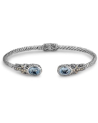 Samuel B. Jewelry 18k & Sterling Silver 2.90 Ct. Tw. Blue Topaz Hinged Cross Bangle Bracelet - White