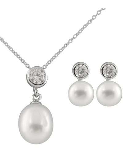 Splendid Rhodium Plated 7-9mm Pearl Cz Necklace & Earrings Set - White