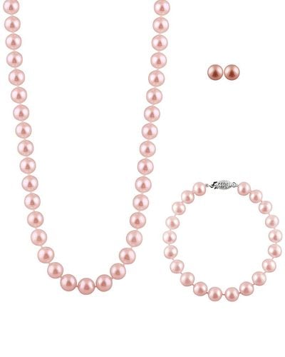 Splendid Silver 7-7.5mm Freshwater Pearl Bracelet, Earrings, & Necklace Set - Pink