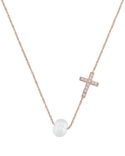 Gabi Rielle Love In Bloom 22k Rose Gold Over Silver 5mm Pearl Cz Cross Pendant Necklace - Metallic