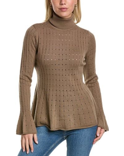 BCBGMAXAZRIA Fitted Peplum Sweater Long Sleeve Bell Cuff Turtle Neck Ruffle Hem Top - Brown