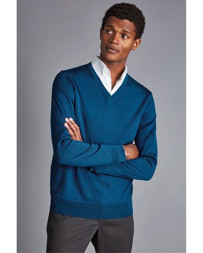 Charles Tyrwhitt Merino Wool V Neck Sweater - Blue