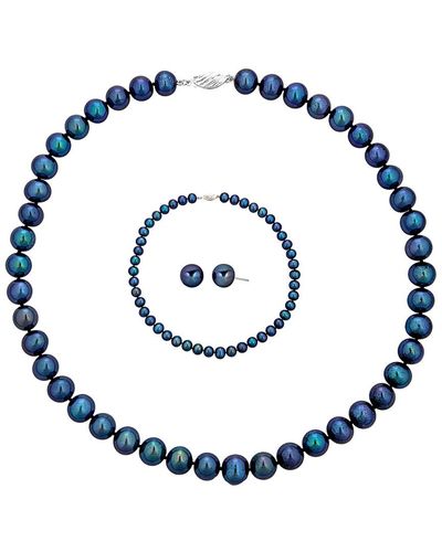 Belpearl Silver 9-10mm Freshwater Pearl Necklace, Earrings, & Bracelet Set - Blue