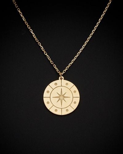 Italian Gold 14k Compass Disc Pendant Necklace - Black