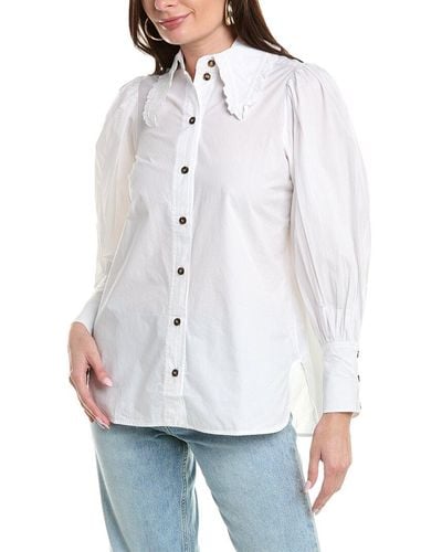 Ganni Poplin Long Collar Puff Sleeve Shirt - White