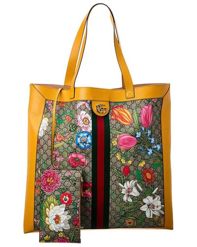 Gucci Ophidia Large GG Flora Canvas & Leather Tote - Yellow