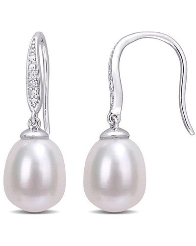 Rina Limor Silver 0.02 Ct. Tw. Diamond 8.5-9mm Pearl Earrings - White