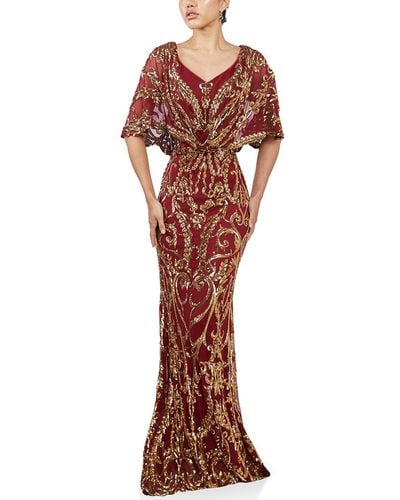 Terani Embroidered Cape Sleeve Dress - Brown