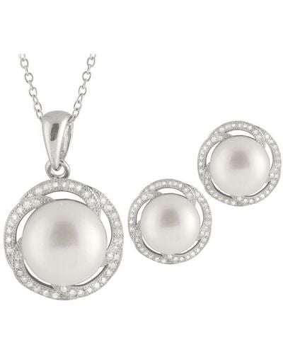 Splendid Rhodium Plated 8-12mm Pearl Cz Necklace & Earrings Set - Natural
