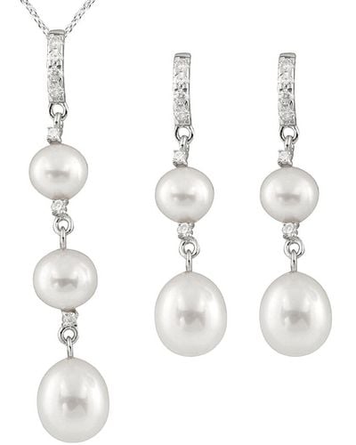 Splendid Silver 5.5-8.5mm Freshwater Pearl & Cz Earrings & Necklace Set Set - White