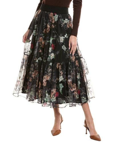 Gracia Mesh Floral Midi Skirt - Black