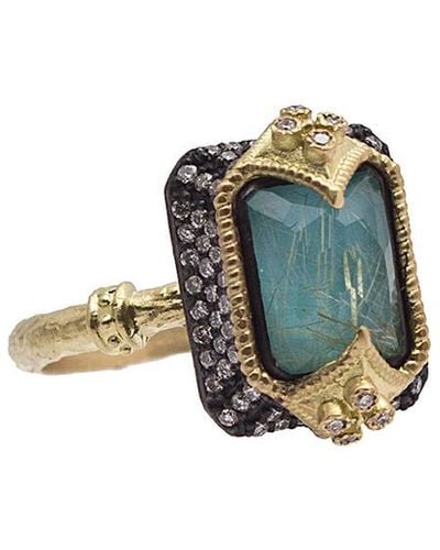 Armenta Old World Blackened Sterling Silver & 18k Yellow Gold Emerald Cut Peruvian Opal & Pave Diamond Ring - Size 6.5 - Metallic