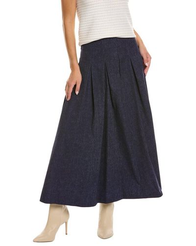 PEARL BY LELA ROSE Stretch Denim Pleated Midi Skirt - Blue