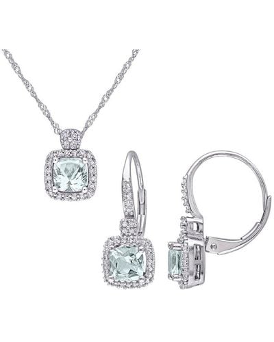 Rina Limor Silver 1.88 Ct. Tw. Diamond & Aquamarine Earring & Pendant Necklace Jewellery Set - Metallic