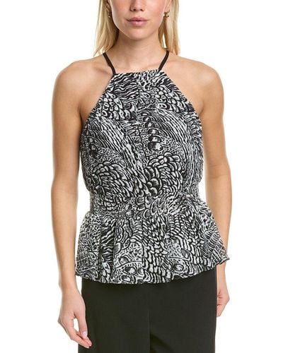 BCBGMAXAZRIA Sleeveless Top Halter Neck Peplum Smocked Waist Shirt - Gray