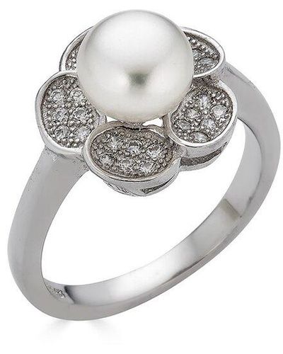 Belpearl Silver 8mm Pearl Cz Ring - Metallic